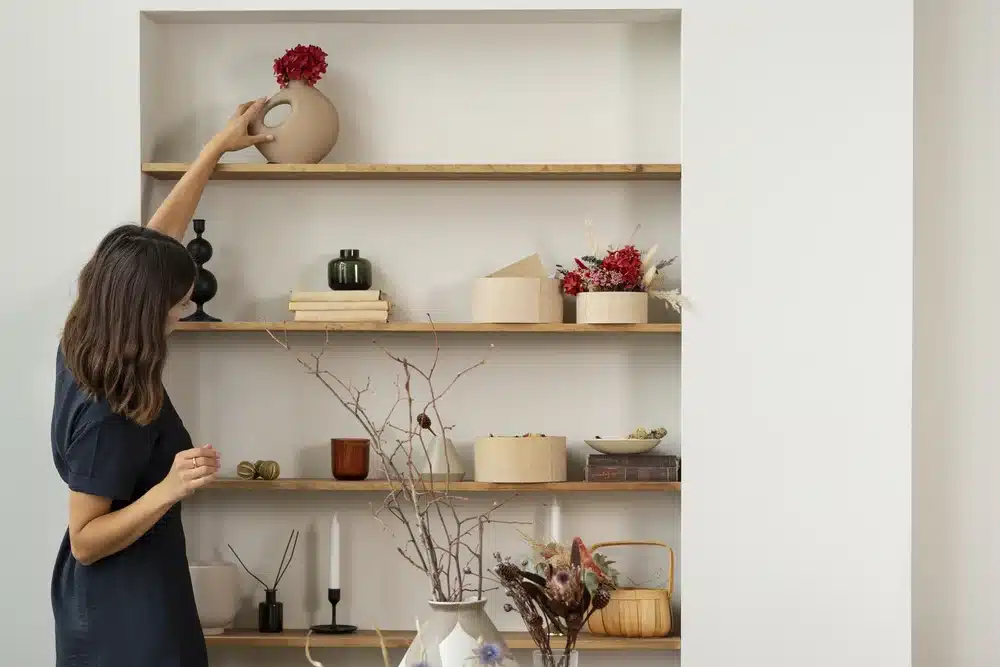 mujer trabajando con flores en casa