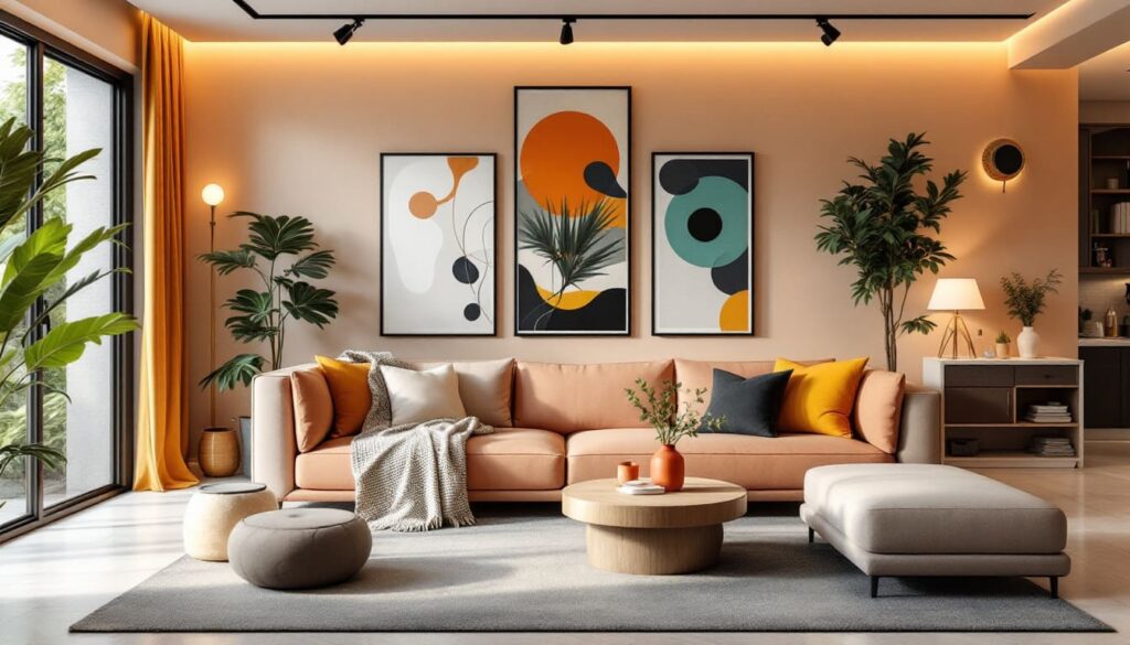 sala de estar con sofa naranja y cuadros coloridos en la pared