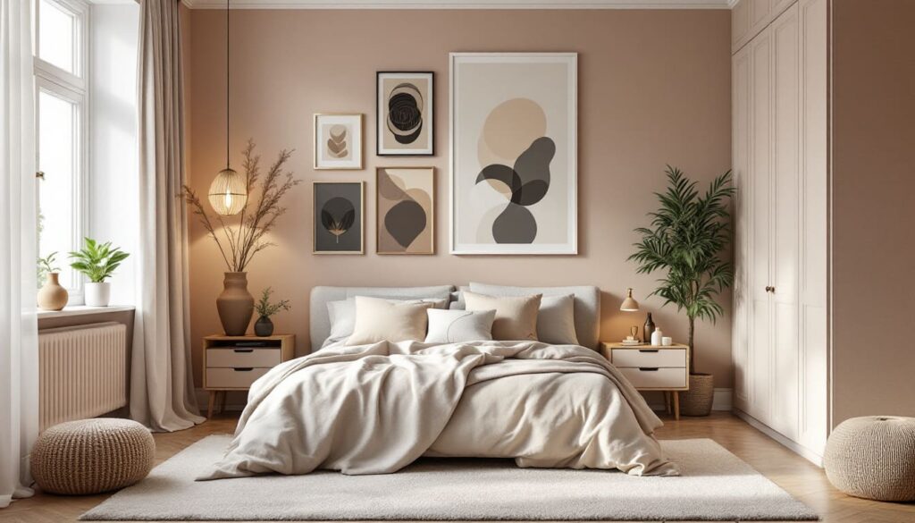 dormitorio escandinavo con cama de madera y decoracion minimalista