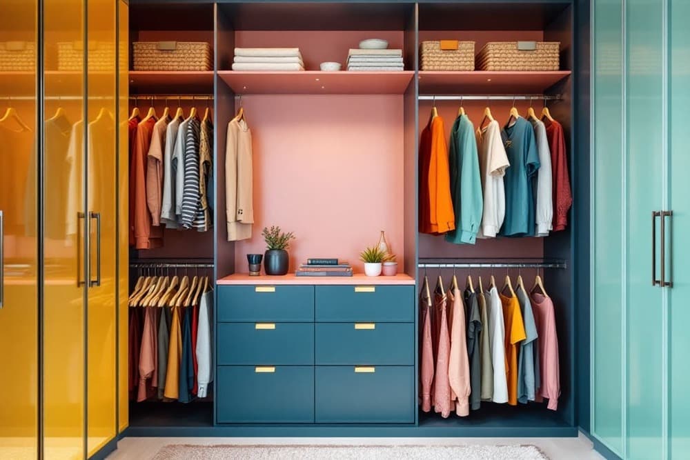 armario moderno con puertas de vidrio color amarillo y turquesa con ropa colgada y cajones azules
