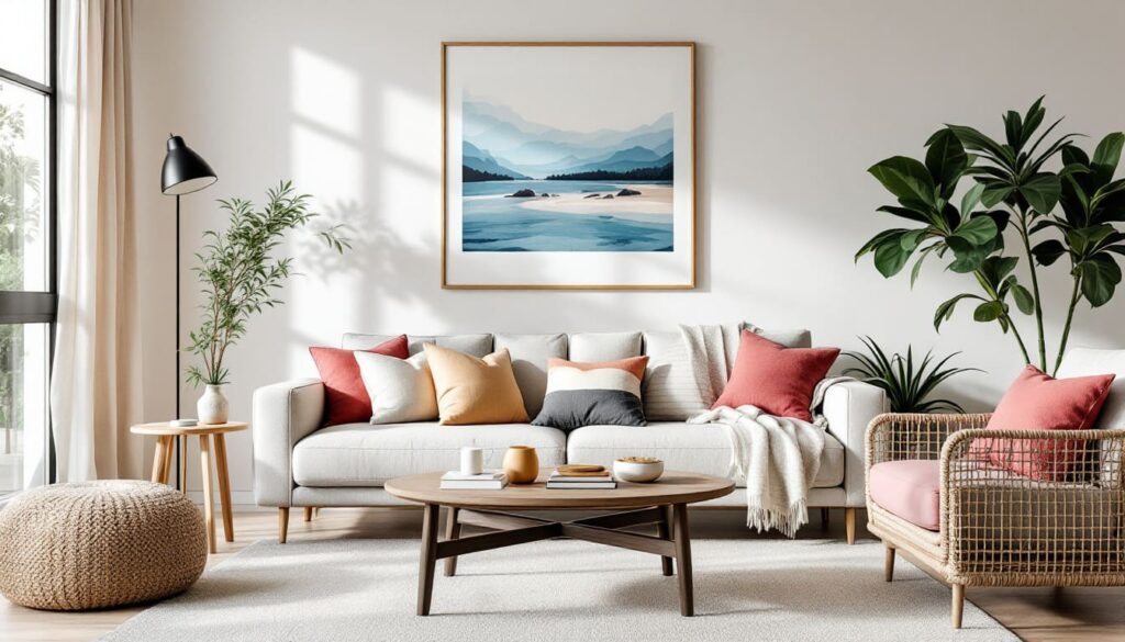 sala de estar con sofa color gris claro y rosa mesa de centro y cuadro paisaje