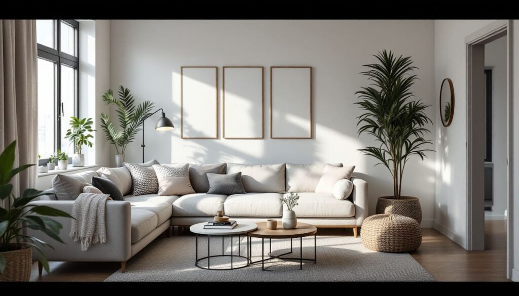 sala de estar con sofa en l blanco mesa redonda y plantas en ambiente luminoso