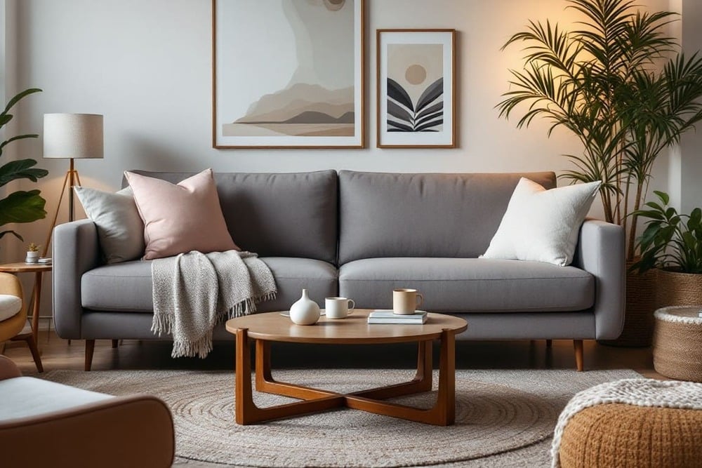 sala de estar moderna con sofa gris mesa de centro madera y plantas