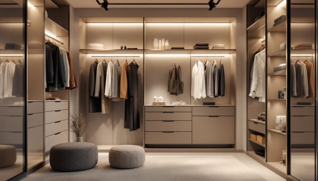 vestidor moderno con iluminacion led ropa colgada en perchas y cajones organizados en ambiente lujo