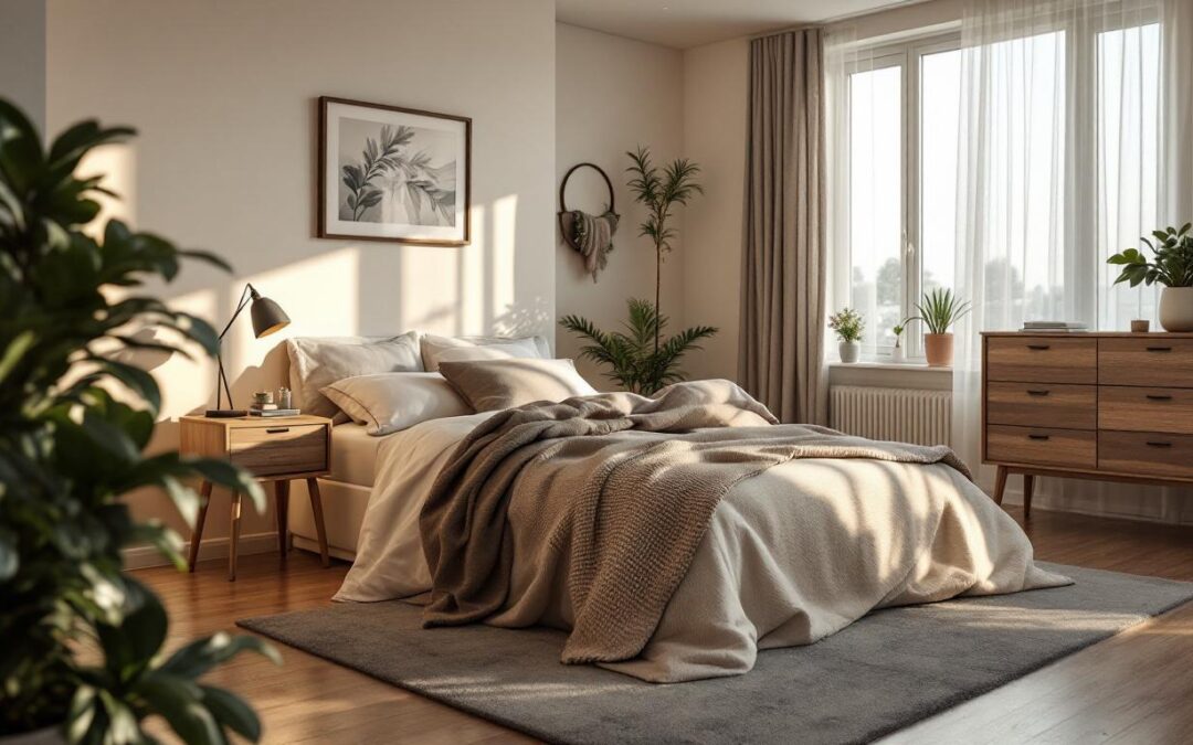 A photograph of a beautifully arranged bedroom showcasing essential furniture pieces